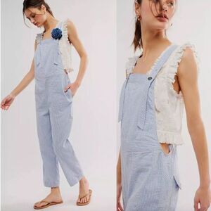 Free People Intown Cotton Overalls XL Railroad Stripe Spring Dungarees